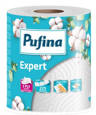 Papierové utierky, 3-vrstvové, 225 listov, 1 kotúč, PUFINA "Expert"
