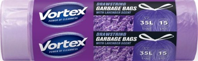Vrecia na odpadky, so sťahovacou páskou, 35 l, 15 ks, 50 × 60 cm, HDPE, 15 µ, VORTEX, s levanduľovou vôňou