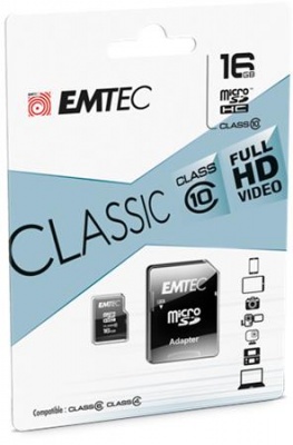 Pamäťová karta, microSDHC, 16GB, CL10, 20/12 MB/s, adaptér, EMTEC "Classic"