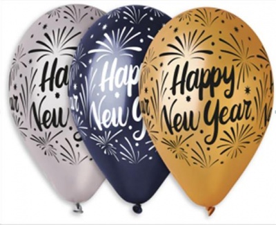Balón, 33 cm, "Happy New Year", 3 rôzne farby