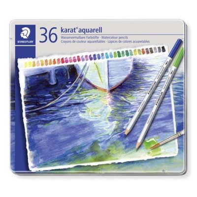 Akvarelové ceruzky, sada, šesťhranné, plechová krabička, STAEDTLER "Karat® aquarell 125", 36 rôznych farieb