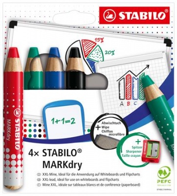 Suchý popisovač na tabuľu a flipchart, kužeľový hrot, STABILO "MARKdry", 4 rôzne farby s utierkou a strúhadlom